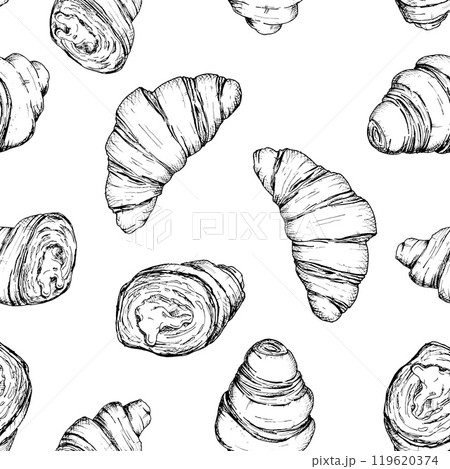 Seamless vector pattern of hand-drawn croissants: whole and cut. Detailed illustration in sketch style of fresh pastries. Ideal for bakery design, wrapping paper, kitchen textiles and food packaging Seamless vector pattern of hand-drawn croissants: whole and cut. Detailed illustration in sketch style of fresh pastries. Ideal for bakery design, wrapping paper, kitchen textiles and food packaging 119620374