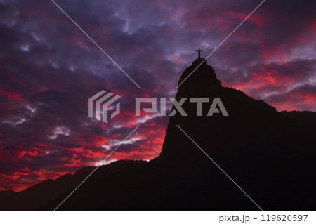 Christ the Redeemer statue on top of the Corcovado mountain at sunset. Rio de Janeiro, Brazil 119620597