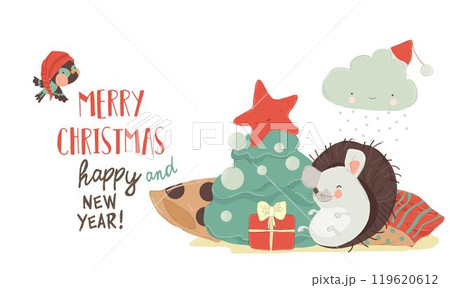 Christmas card with Cute Playful Christmas Hedgehog. Happy New Year, Merry Xmas Design Element 119620612