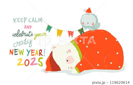 Cute Christmas Card with Cartoon Bear and Polar Owl Cute Christmas Card with Cartoon Bear and Polar Owl 119620614
