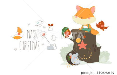 Little Fox sitting on Stump in Winter Forest 119620615