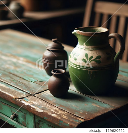 Emerald green pitcher on a rustic wooden table. 119620622