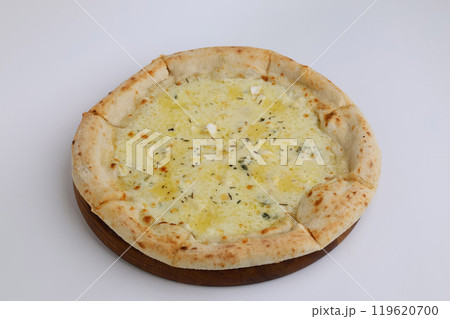 Four cheese pizza on wooden board isolated on a white background 119620700