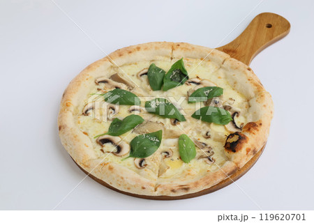 Appetizing Italian pizza with a variety of cheeses and mushrooms on a creamy sauce served on a wooden board on a white background Appetizing Italian pizza with a variety of cheeses and mushrooms on a creamy sauce served on a wooden board on a white background 119620701