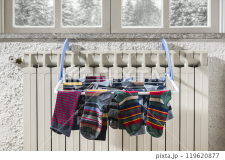 Cotton socks on clothesline. Cotton socks on clothesline. 119620877