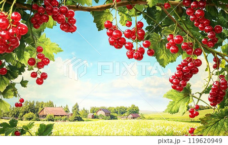 Red currant berries, sunny day, beautiful rural countryside landscape, background with copy space 119620949