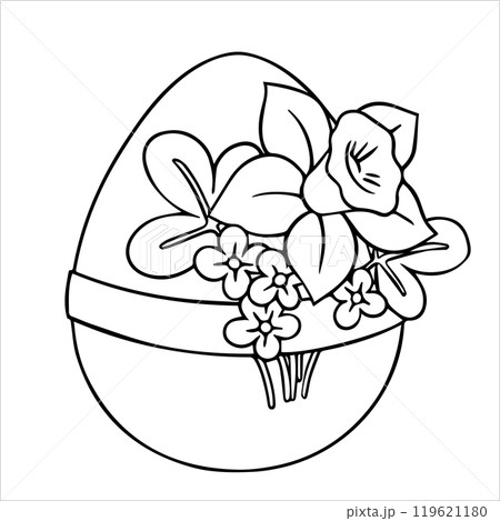 Coloring book. Vector drawing, Easter egg with a bouquet of spring flowers. Drawing in doodle style Coloring book. Vector drawing, Easter egg with a bouquet of spring flowers. Drawing in doodle style 119621180