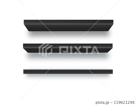 Set of empty wooden store shelves with LED lighting. Product shelf with wood texture and black wall mount. Grocery rack. Vector 119621298