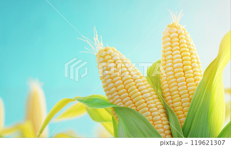 Corn cobs, blurred corn field and blue sky background with copy space Corn cobs, blurred corn field and blue sky background with copy space 119621307