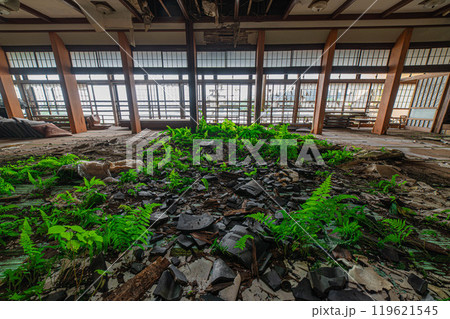 廃墟となった廃旅館の大広間 119621545