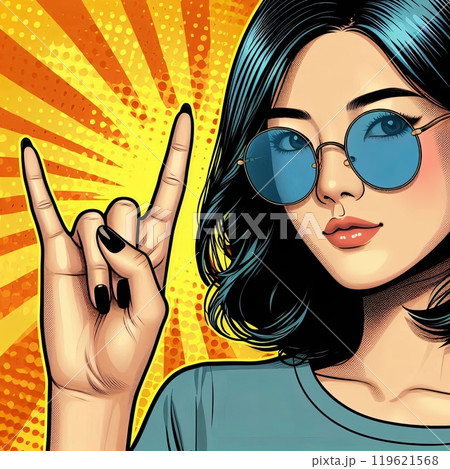 Woman with blue sunglasses showing rock hand sign. Pop art style illustration with halftone dots and bright yellow burst background. Retro design for posters 119621568