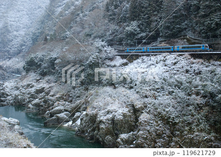 雪景色の土讃線を行く特急「南風」（JR四国 2000系） 119621729