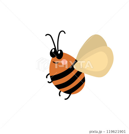 Cartoon bee mascot. A small bees flies. Wasp collection. Vector characters. Incest icon. Template design for invitation, cards. Doodle style Cartoon bee mascot. A small bees flies. Wasp collection. Vector characters. Incest icon. Template design for invitation, cards. Doodle style 119621901