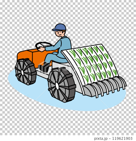 Illustration of a man planting rice in a rice field with a rice transplanter 119621903