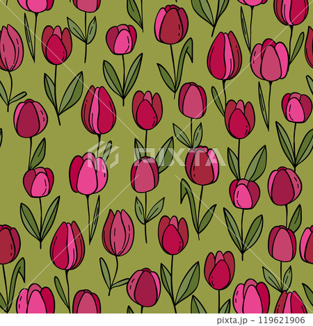 Floral colorful vector illustration with tulips. Simple minimalistic pattern with nature elements. Vector illustration for fabric, textile, poster, invitation. Trendy hand drawn textures 119621906