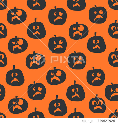 Seamless pattern of glowing halloween pumpkins on COLOR background. Scary and funny faces. Cute Pumpkin or ghost. Vector autumn holidays illustration Seamless pattern of glowing halloween pumpkins on COLOR background. Scary and funny faces. Cute Pumpkin or ghost. Vector autumn holidays illustration 119621926