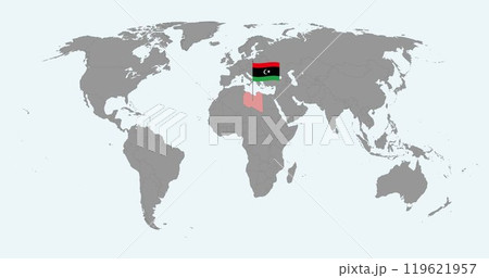Pin map with Libya flag on world map. Vector illustration. Pin map with Libya flag on world map. Vector illustration. 119621957