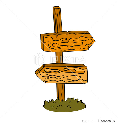 Vector set of hand drawn road signs. Wooden signs with arrows. Color sign with arrows pointing. Nice design. Cartoon vector illustration Vector set of hand drawn road signs. Wooden signs with arrows. Color sign with arrows pointing. Nice design. Cartoon vector illustration 119622015