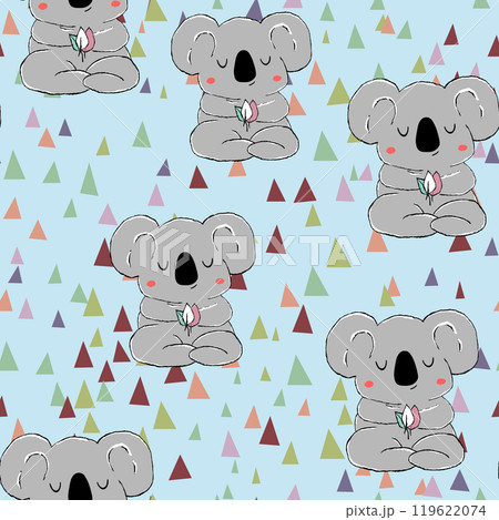 Seamless pattern with cute koala baby on color background. Funny australian animals. Card, postcards for kids. Flat vector illustration for fabric, textile, wallpaper, poster, paper Seamless pattern with cute koala baby on color background. Funny australian animals. Card, postcards for kids. Flat vector illustration for fabric, textile, wallpaper, poster, paper 119622074