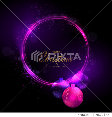 Merry Christmas. Isolated round shiny wreath in purple with Christmas toys 119622122