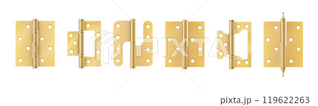 Golden door hinges construction hardware. Realistic set of gold tools for joint gates and windows. metal hinges for house and furniture. vector 119622263