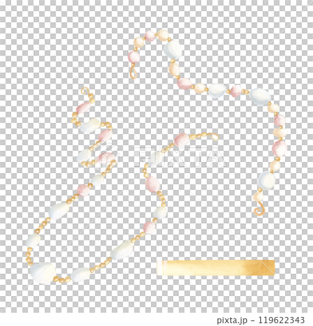 White pearl beads necklace and bracelet watercolor isolated illustration set. Vintage jewelry string with gold parts. Hand drawn retro accessories for beauty clipart 119622343