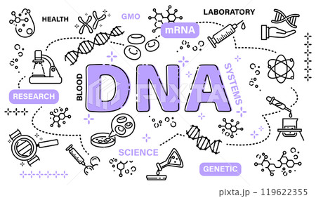 DNA word with line icon art banner style . Editable stroke . Vector . 119622355
