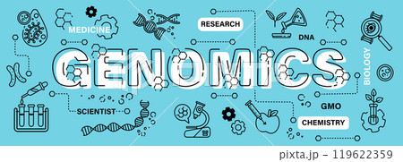 Genomics word with line icon art banner style . Editable stroke . Vector . Genomics word with line icon art banner style . Editable stroke . Vector . 119622359