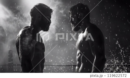 Two wrestlers confront each other in a high stakes moment, surrounded by mist and spotlighting at a gym event 119622572