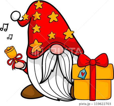 Cute Gnome with bell and gift for Christmas celebration illustration by hand drawn. Cute Gnome with bell and gift for Christmas celebration illustration by hand drawn. 119622703