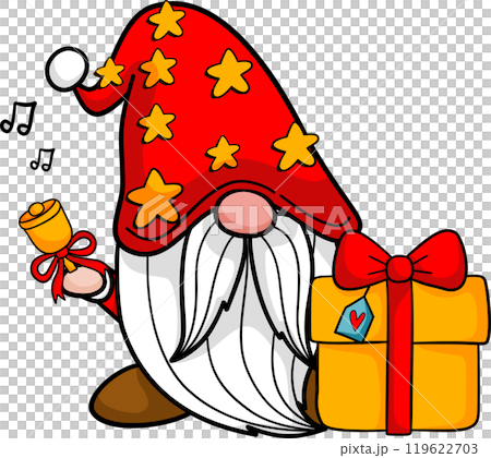 Cute Gnome with bell and gift for Christmas celebration illustration by hand drawn. Cute Gnome with bell and gift for Christmas celebration illustration by hand drawn. 119622703