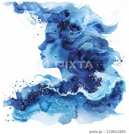 A beautifully crafted watercolor artwork the Aquarius zodiac sign, showcasing a tranquil profile in deep blue hues and flowing lines 119622885