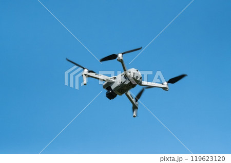 Drone Flying in Clear Blue Sky Drone Flying in Clear Blue Sky 119623120