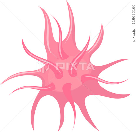 Microscopic view of a pink virus cell moving and spreading its tentacles, potentially representing a health threat or disease Microscopic view of a pink virus cell moving and spreading its tentacles, potentially representing a health threat or disease 119623160