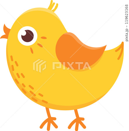 Cute yellow chick with a curious look, standing on orange legs. Perfect for kids' designs Cute yellow chick with a curious look, standing on orange legs. Perfect for kids' designs 119623168