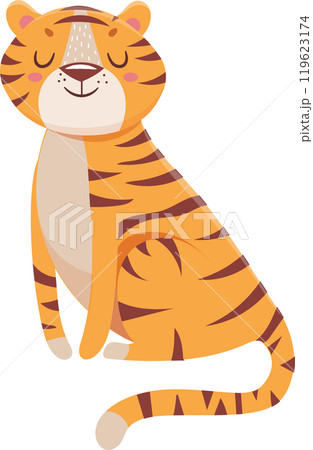 Cute cartoon tiger sitting peacefully, eyes closed, exuding charm and happiness. Perfect for a playful and cheerful vibe 119623174
