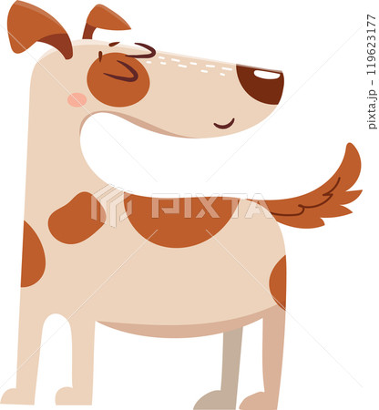 Cartoon dog wagging its tail, smiling, and looking happy, isolated on white background, suitable for childrens books or pet related projects Cartoon dog wagging its tail, smiling, and looking happy, isolated on white background, suitable for childrens books or pet related projects 119623177