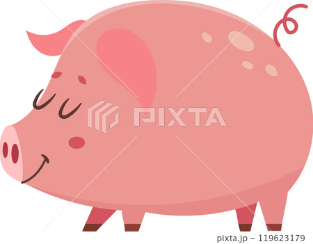 Cartoon illustration of a cute pink pig walking happily, isolated on a white background, perfect for childrens books, educational materials, or any project needing a touch of farmyard charm Cartoon illustration of a cute pink pig walking happily, isolated on a white background, perfect for childrens books, educational materials, or any project needing a touch of farmyard charm 119623179