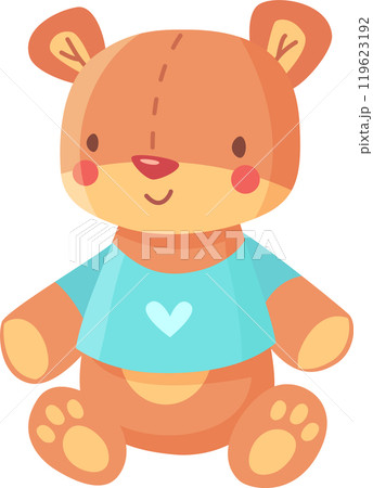 Smiling teddy bear in a heart t shirt evokes warmth and affection, perfect for kids products or love themed designs 119623192