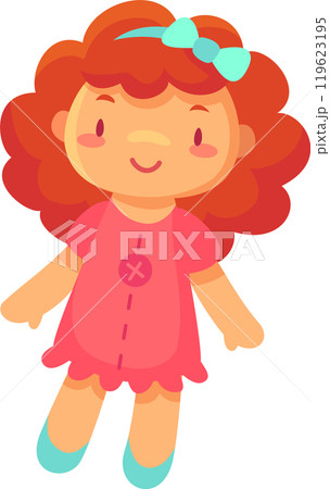 Cheerful rag doll with vibrant red curly hair, adorned with a turquoise bow, wearing a charming pink dress and light blue shoes, stands and smiles, creating a playful and innocent atmosphere Cheerful rag doll with vibrant red curly hair, adorned with a turquoise bow, wearing a charming pink dress and light blue shoes, stands and smiles, creating a playful and innocent atmosphere 119623195