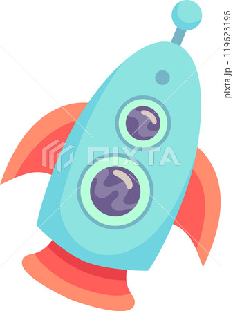 Colorful cartoon rocket ship flying through space with two round windows and three red fins, representing space exploration, futuristic travel, and technological advancement Colorful cartoon rocket ship flying through space with two round windows and three red fins, representing space exploration, futuristic travel, and technological advancement 119623196