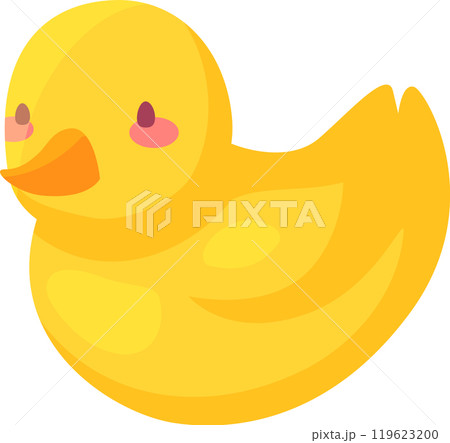 Adorable yellow rubber duck floating serenely, perfect for bath time fun or playful decoration, bringing a touch of childhood joy 119623200