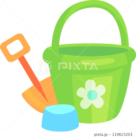 Children s beach toys consisting of a green bucket with a white flower decoration, an orange shovel and a blue sand mold are ready for building sandcastles 119623201