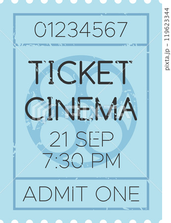 Light blue cinema ticket for a movie screening on september 21st at 7,30 pm, featuring a stylized film reel icon and a worn, vintage aesthetic Light blue cinema ticket for a movie screening on september 21st at 7,30 pm, featuring a stylized film reel icon and a worn, vintage aesthetic 119623344