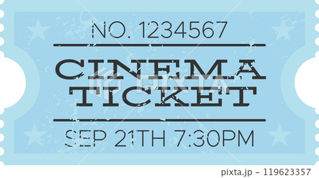 Light blue vintage cinema ticket with number, date and time, isolated on white background, representing entertainment and movies 119623357