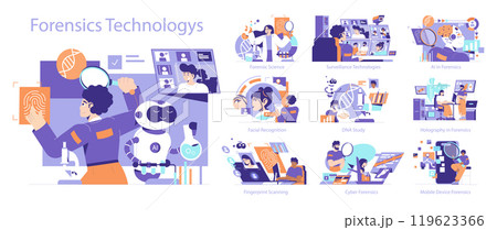 Forensics Technology set. Exploration of digital and biological evidence methods. Illustrations display various forensic analysis tools and processes. Vector illustration. Forensics Technology set. Exploration of digital and biological evidence methods. Illustrations display various forensic analysis tools and processes. Vector illustration. 119623366