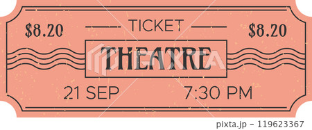 Retro styled pink theater ticket with a price of 8.20, scheduled for september 21st at 7,30 pm, evoking nostalgia and entertainment Retro styled pink theater ticket with a price of 8.20, scheduled for september 21st at 7,30 pm, evoking nostalgia and entertainment 119623367