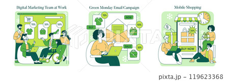 Online Shopping set. Digital team analyzes ecommerce data, woman engages with an email promo, customers enjoy mobile deals. Vector illustration. Online Shopping set. Digital team analyzes ecommerce data, woman engages with an email promo, customers enjoy mobile deals. Vector illustration. 119623368