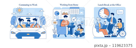 Work Routine set. Diversity of modern work life captured in commuting, remote jobs, and office breaks. Daily activities with technology and teamwork. Vector illustration. 119623375