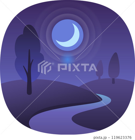 Crescent moon illuminating a serene landscape with a winding river, trees, and a starry night sky, creating a tranquil and magical atmosphere Crescent moon illuminating a serene landscape with a winding river, trees, and a starry night sky, creating a tranquil and magical atmosphere 119623376
